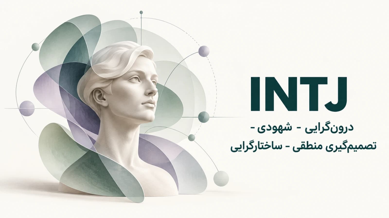 تصویرسازی نیم‌تنه انسان با فرم‌های سبز و یاسی و عنوان INTJ