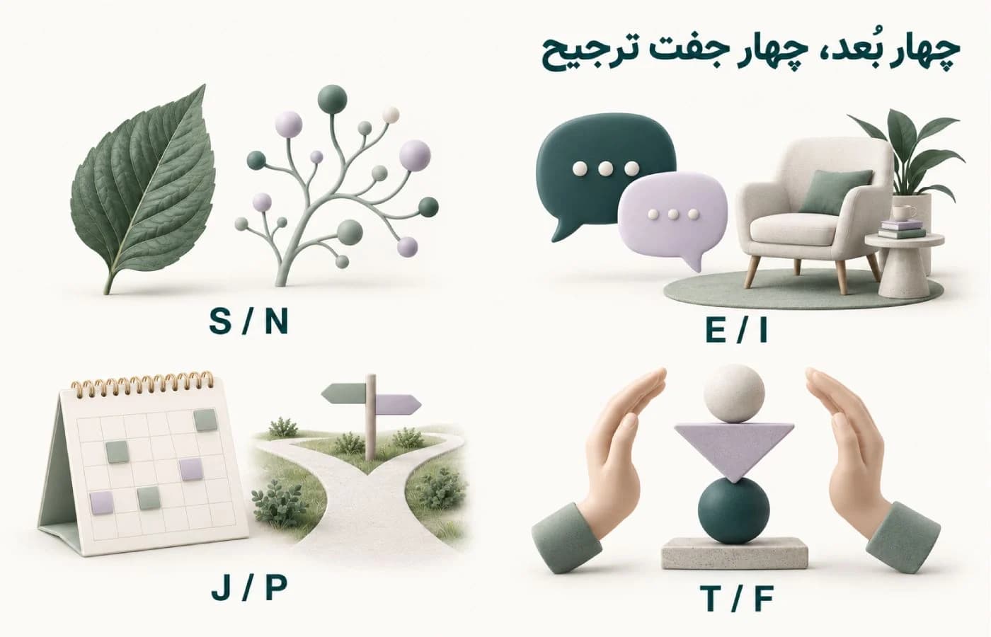 چهار جفت ترجیح E/I، S/N، T/F و J/P با نمادهای گفتوگو و خلوت، جزئیات و الگوها، تصمیمگیری و برنامهریزی