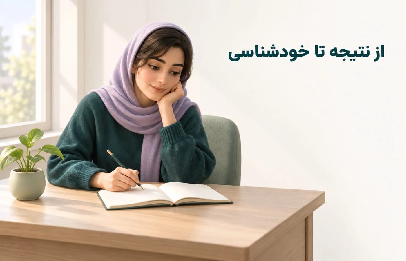 تصویرسازی زنی در حال نوشتن در دفتر کنار پنجره، با عنوان «از نتیجه تا خودشناسی»